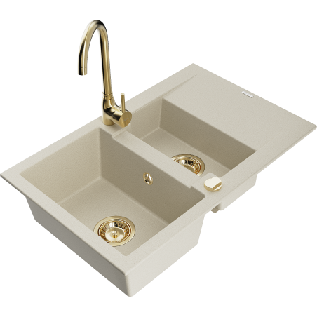 Mexen Gaspar Granitspüle 1,5-Becken mit Abtropffläche und Küchenarmatur Telma, beige - 6507-69-670200-50