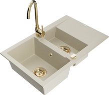 Mexen Gaspar 1.5-bowl granite sink with drainer and Telma kitchen tap, beige - 6507-69-670200-50