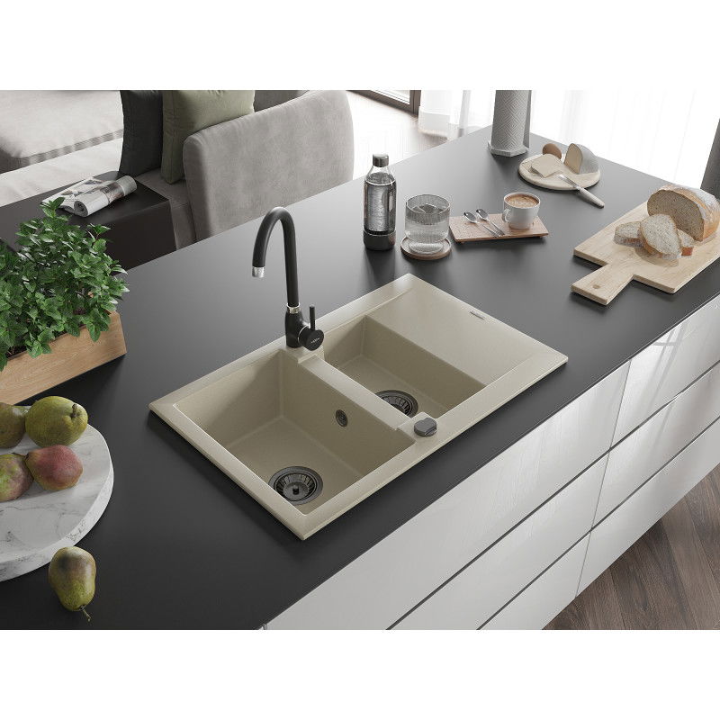 Mexen Gaspar granite sink 1.5-bowl with drainer and Telma kitchen tap, beige - 6507-69-670200-70