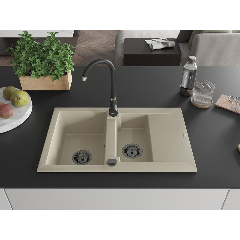 Mexen Gaspar Granitspülbecken 1,5-fach mit Abtropffläche und Küchenarmatur Telma, beige - 6507-69-670200-70