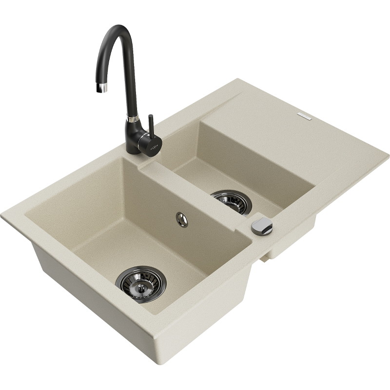 Mexen Gaspar évier en granit à 1,5 bac avec égouttoir et robinet de cuisine Telma, beige - 6507-69-670200-70