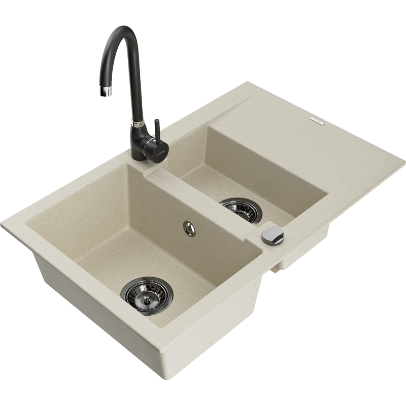 Mexen Gaspar fregadero de granito 1,5 cubetas con escurridor y grifo de cocina Telma, beige - 6507-69-670200-70