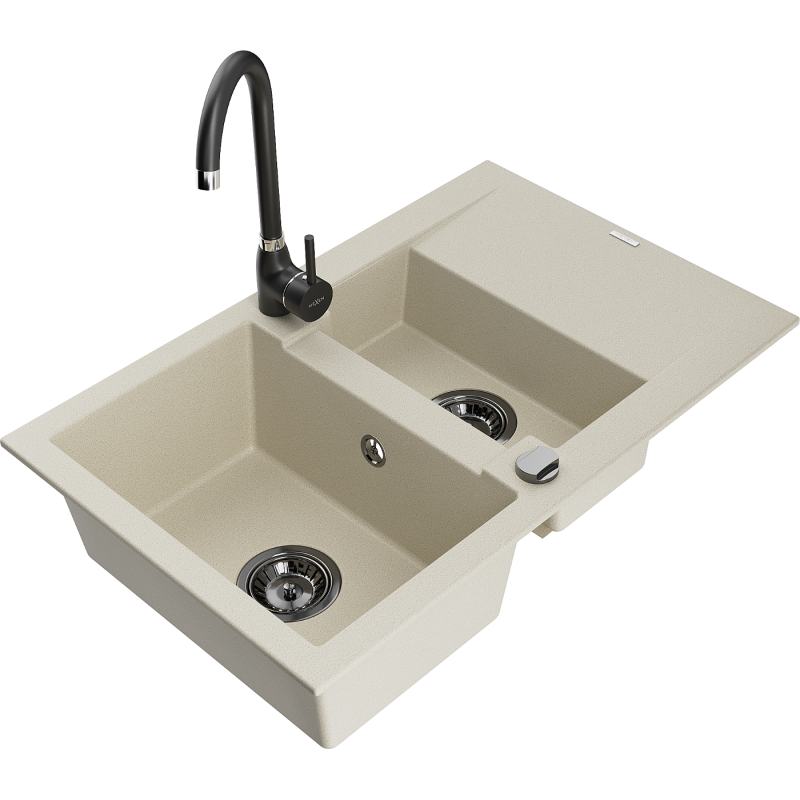 Mexen Gaspar granite sink 1.5-bowl with drainer and Telma kitchen tap, beige - 6507-69-670200-70