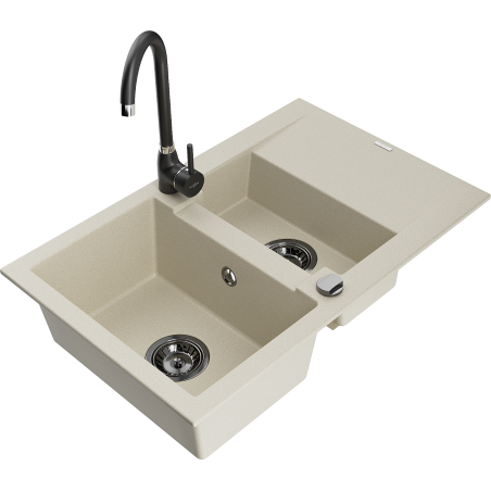 Mexen Gaspar Granitspülbecken 1,5-fach mit Abtropffläche und Küchenarmatur Telma, beige - 6507-69-670200-70