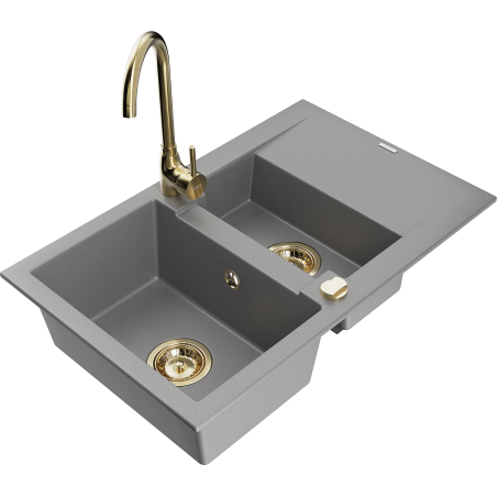 Mexen Gaspar Granitspüle 1,5-Becken mit Abtropffläche und Küchenarmatur Telma, grau - 6507-71-670200-50