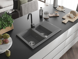 Mexen Gaspar 1.5-bowl granite sink with drainer and Telma kitchen tap, grey - 6507-71-670200-70