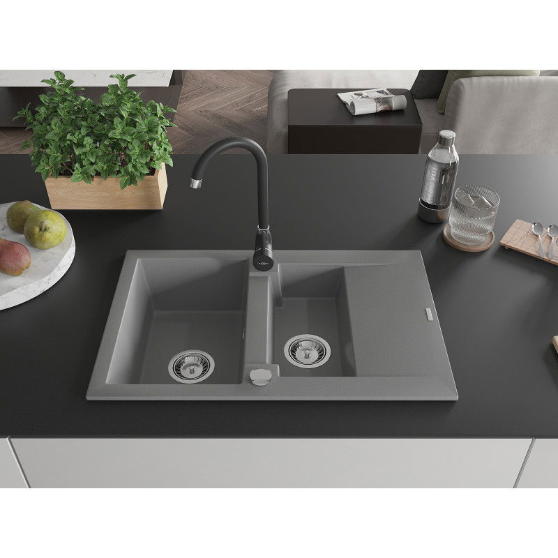 Mexen Gaspar 1.5-bowl granite sink with drainer and Telma kitchen tap, grey - 6507-71-670200-70