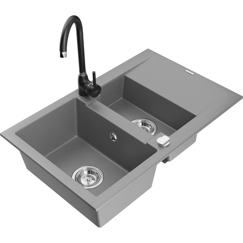 Mexen Gaspar 1.5-bowl granite sink with drainer and Telma kitchen tap, grey - 6507-71-670200-70