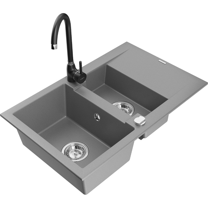 Mexen Gaspar évier en granit 1,5 bac avec égouttoir et robinet de cuisine Telma, gris - 6507-71-670200-70
