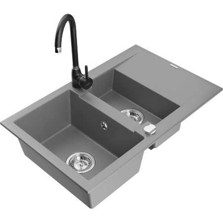 Mexen Gaspar 1.5-bowl granite sink with drainer and Telma kitchen faucet, gray - 6507-71-670200-70