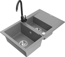 Mexen Gaspar 1.5-bowl granite sink with drainer and Telma kitchen tap, grey - 6507-71-670200-70