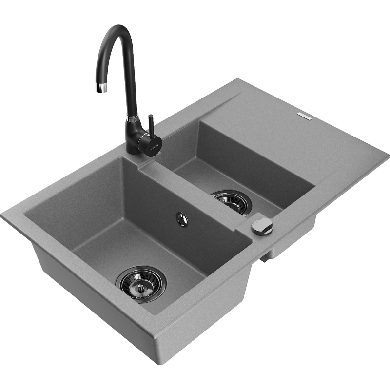 Mexen Gaspar fregadero de granito con 1,5 compartimentos, escurridor y grifo de cocina Telma, gris - 6507-71-670200-70-B