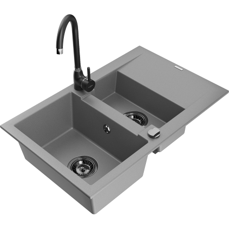 Mexen Gaspar évier en granit 1,5 bac avec égouttoir et robinet de cuisine Telma, gris - 6507-71-670200-70-B