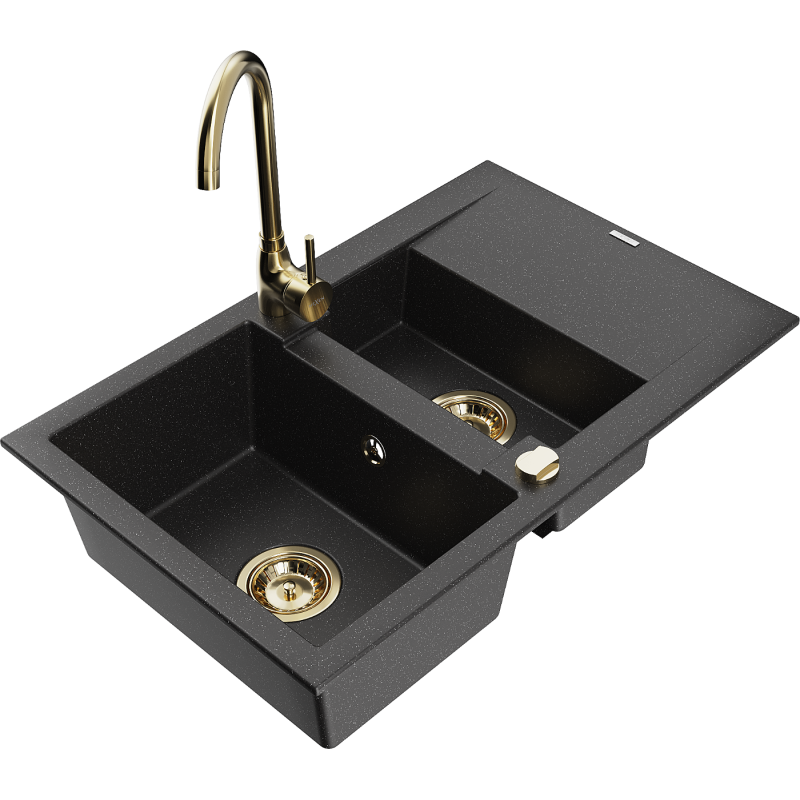 Mexen Gaspar Granitspüle 1,5-Kammer mit Abtropffläche und Küchenarmatur Telma, schwarz/silber - 6507-73-670200-50