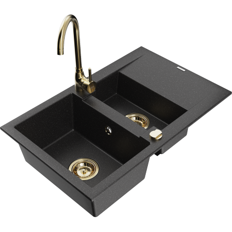 Mexen Gaspar fregadero de granito 1,5 cubetas con escurridor y grifo de cocina Telma, negro/plata - 6507-73-670200-50