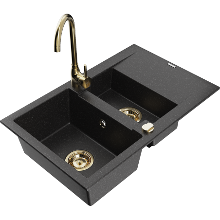 Mexen Gaspar granite sink 1.5-bowl with drainer and Telma kitchen faucet, black/silver - 6507-73-670200-50
