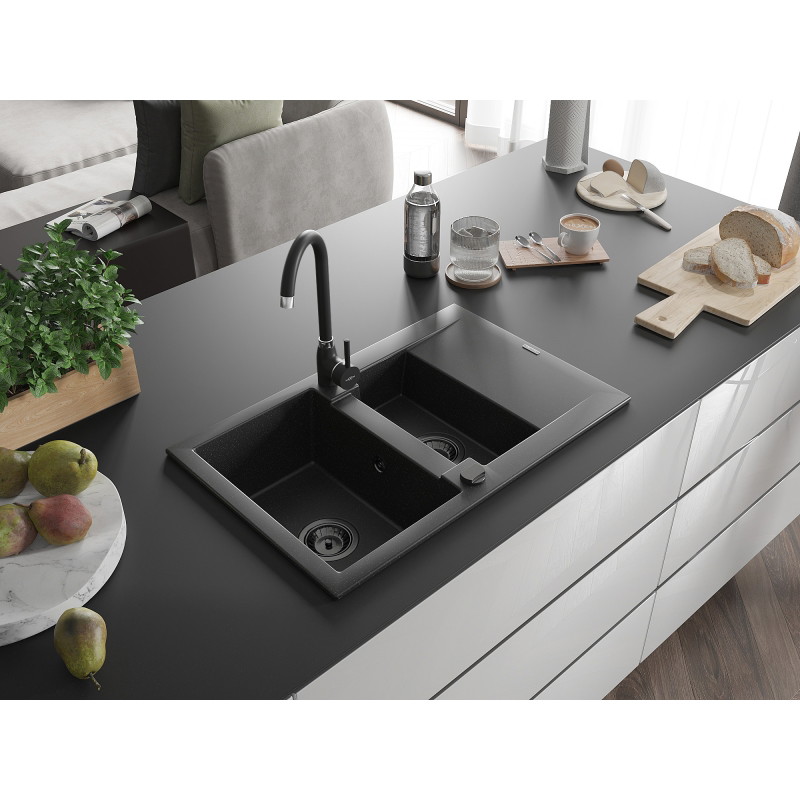 Mexen Gaspar lavello in granito da 1,5 vani con scolapiatti e rubinetto da cucina Telma, nero/argento - 6507-73-670200-70-B