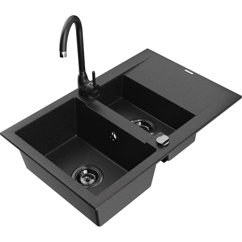 Mexen Gaspar granite sink 1.5-bowl with drainer and Telma kitchen tap, black/silver - 6507-73-670200-70-B