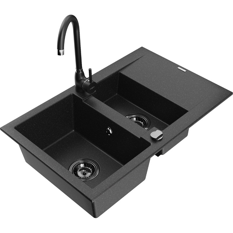 Mexen Gaspar lavello in granito da 1,5 vani con scolapiatti e rubinetto da cucina Telma, nero/argento - 6507-73-670200-70-B
