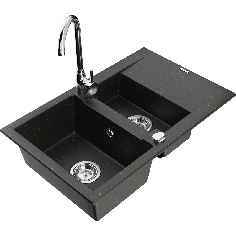 Mexen Gaspar granitdiskbänk med 1,5 fack med torkställ och köksblandare Telma, svart/guld - 6507-75-670200-00