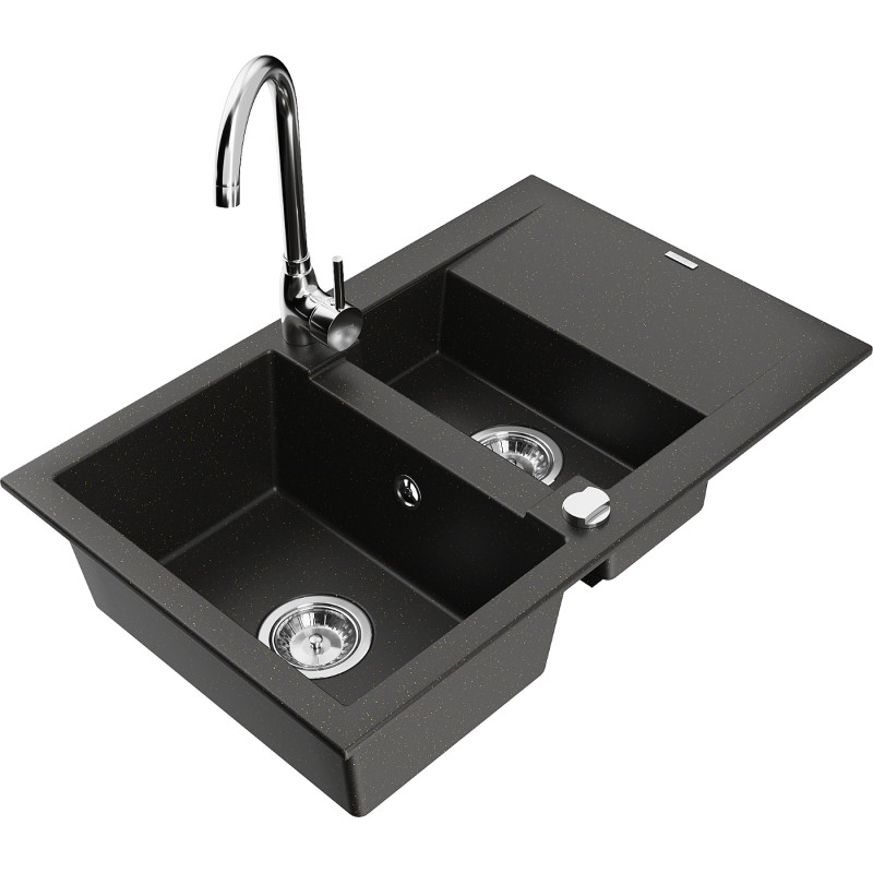 Mexen Gaspar granitspüle 1,5-becken mit abtropffläche und küchenarmatur Telma, schwarz/gold - 6507-75-670200-00