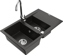 Mexen Gaspar granitã izlietne 1,5 nodalījumu ar noteces plāksni un virtuves jaucējkrānu Telma, melns/zeltīts - 6507-75-670200-00