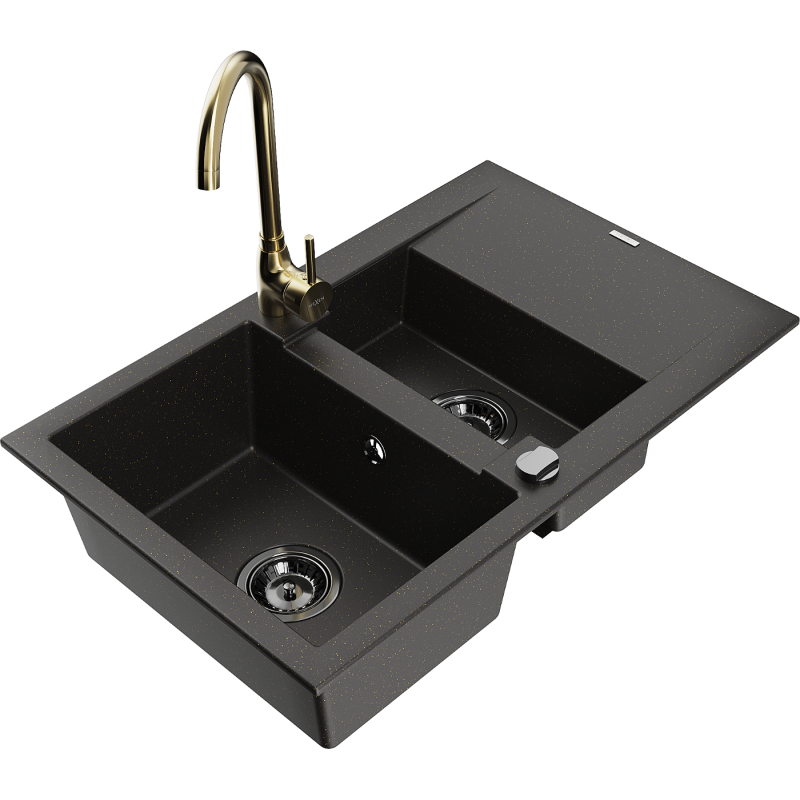 Mexen Gaspar évier en granit 1,5 bac avec égouttoir et mitigeur de cuisine Telma, noir/or - 6507-75-670200-50-B