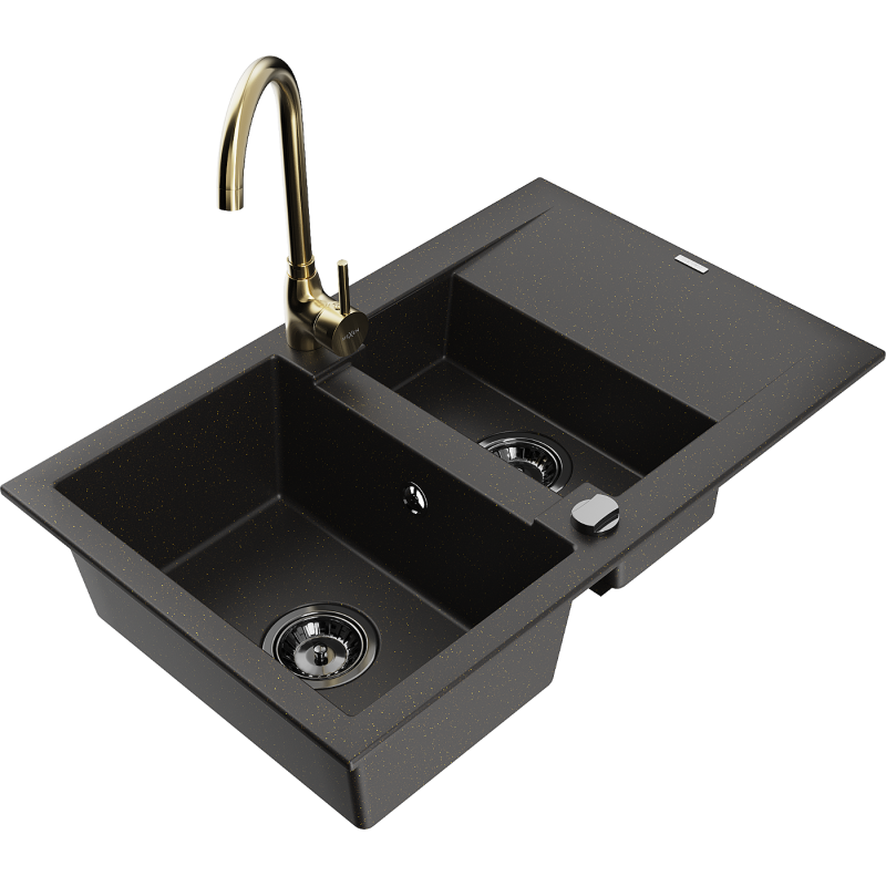 Mexen Gaspar fregadero de granito 1,5 cubetas con escurridor y grifo de cocina Telma, negro/dorado - 6507-75-670200-50-B