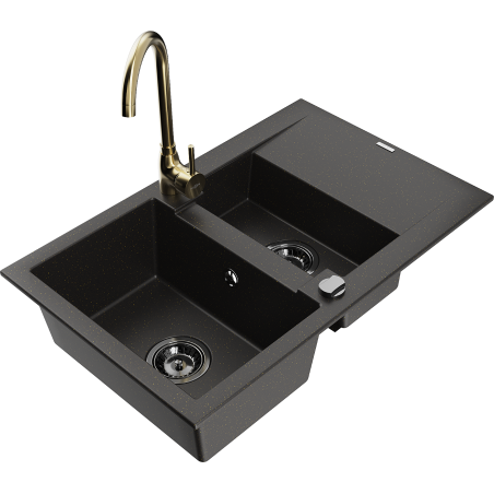 Mexen Gaspar fregadero de granito 1,5 cubetas con escurridor y grifo de cocina Telma, negro/dorado - 6507-75-670200-50-B