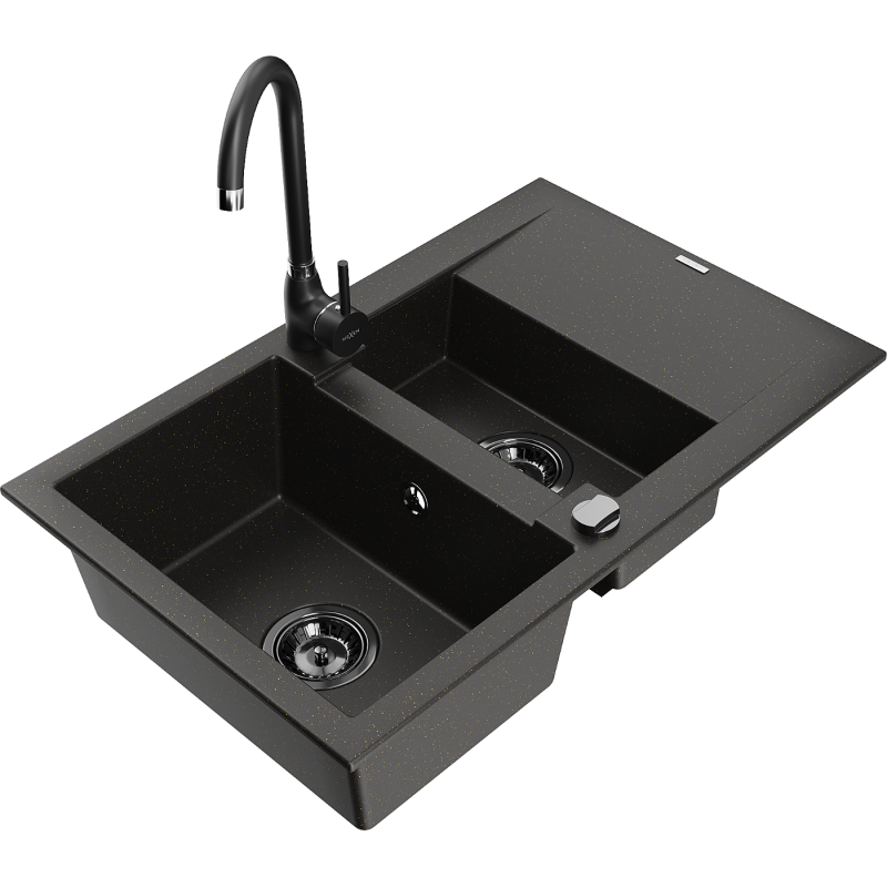 Mexen Gaspar évier en granit 1,5 bac avec égouttoir et robinet de cuisine Telma, noir/or - 6507-75-670200-70-B