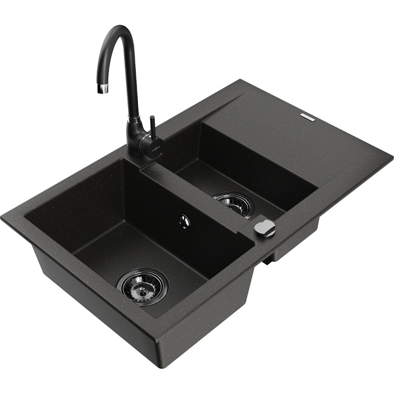 Mexen Gaspar Granitspüle 1,5-Becken mit Abtropffläche und Küchenarmatur Telma, schwarz/gold - 6507-75-670200-70-B