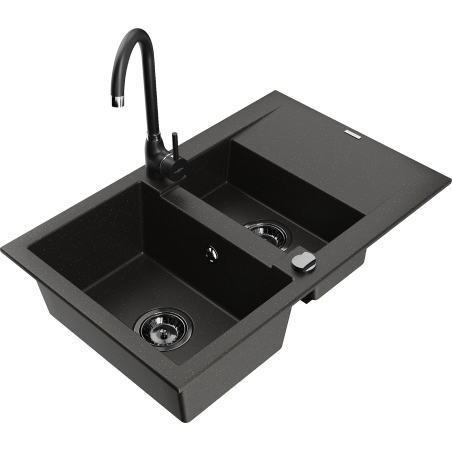 Mexen Gaspar granite sink 1.5-bowl with drainer and Telma kitchen tap, black/gold - 6507-75-670200-70-B