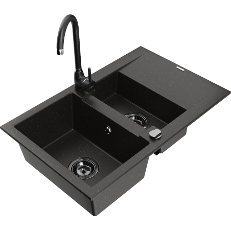 Mexen Gaspar Granitspüle 1,5-Becken mit Abtropffläche und Küchenarmatur Telma, schwarz/gold - 6507-75-670200-70-B