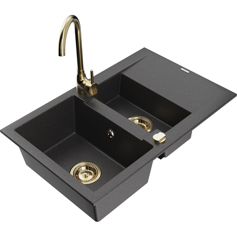 Mexen Gaspar granitische spoelbak 1,5-kamers met afdruiprek en keukenkraan Telma, zwart gespikkeld - 6507-76-670200-50