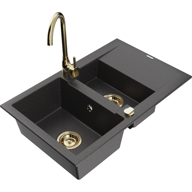 Mexen Gaspar lava-loiça de granito de 1,5 bacias com escorredor e torneira de cozinha Telma, preto salpicado