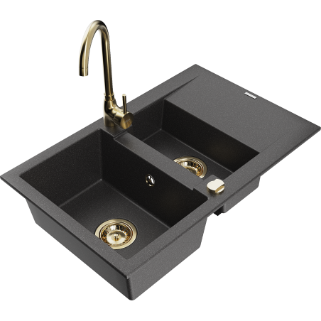 Mexen Gaspar granit izlietne, 1,5 nodalījuma ar noteci un virtuves jaucējkrānu Telma, melna ar plankumiem - 6507-76-670200-50