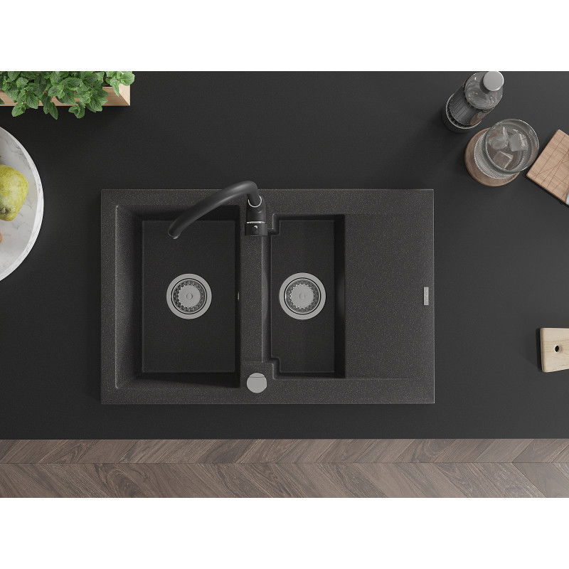 Mexen Gaspar lava-louça de granito de 1,5 cubas com escorredor e torneira de cozinha Telma, preto salpicado - 6507-76-670200-70