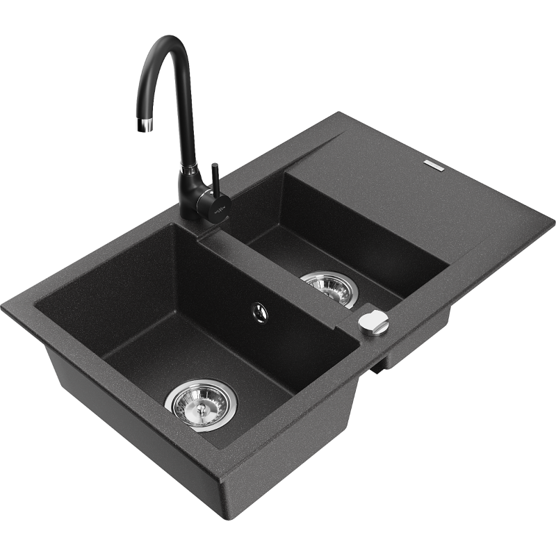 Mexen Gaspar fregadero de granito 1,5 tazones con drainer y grifo de cocina Telma, negro moteado - 6507-76-670200-70