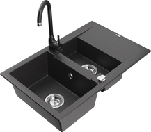 Mexen Gaspar granite sink 1.5-bowl with drainer and Telma kitchen tap, black speckled - 6507-76-670200-70