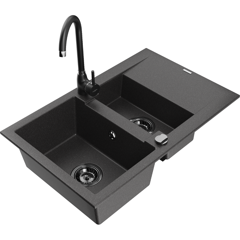 Mexen Gaspar granite sink with 1.5 bowls, drainer, and Telma kitchen tap, black speckled - 6507-76-670200-70-B