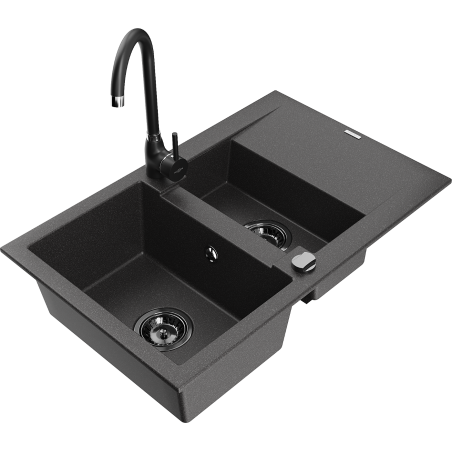 Mexen Gaspar granite sink with 1.5 bowls, drainer, and Telma kitchen tap, black speckled - 6507-76-670200-70-B