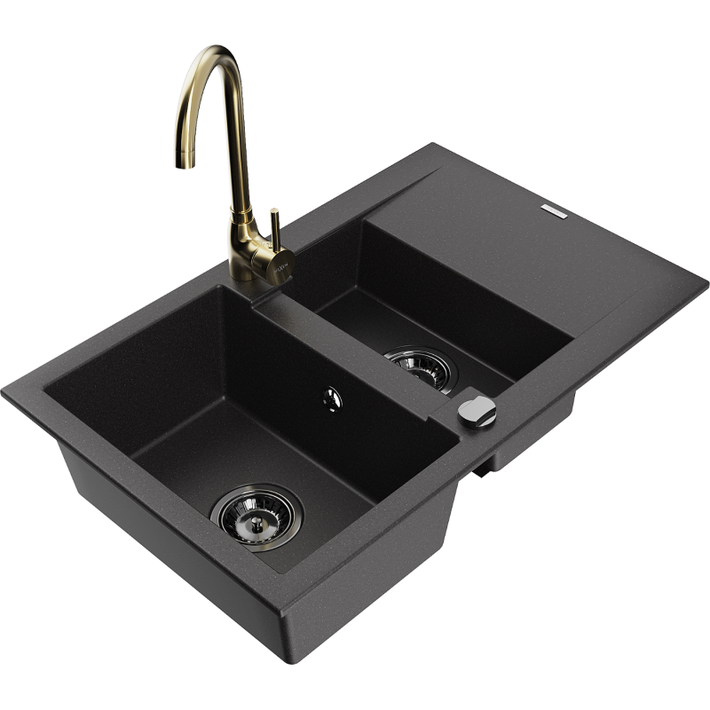 Mexen Gaspar 1,5 kambaru granīta izlietne ar noteci un virtuves jaucējkrānu Telma, melna - 6507-77-670200-50-B