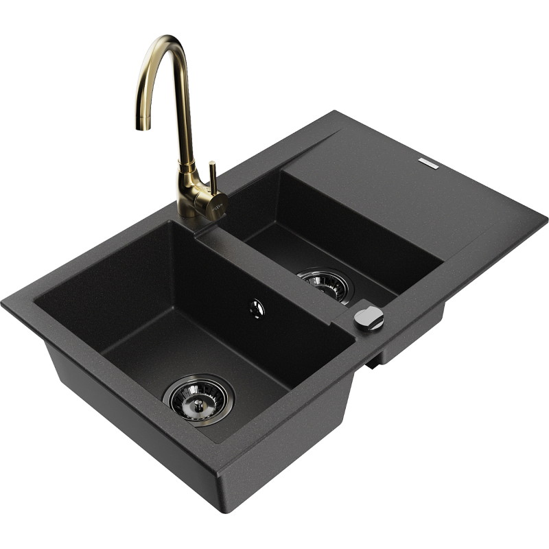 Mexen Gaspar granitspüle 1,5-fach mit abtropffläche und Küchenarmatur Telma, schwarz - 6507-77-670200-50-B