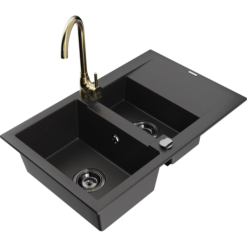 Mexen Gaspar lava-loiça de granito 1,5 cubas com escorredor e torneira de cozinha Telma, preto - 6507-77-670200-50-B