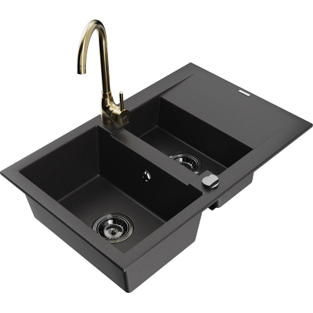 Mexen Gaspar Granitspüle 1,5-Becken mit Abtropffläche und Küchenarmatur Telma, schwarz - 6507-77-670200-50-B