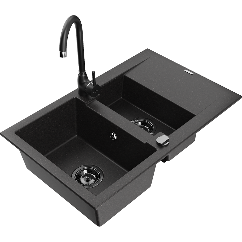 Mexen Gaspar fregadero de granito 1,5 senos con escurridor y grifo de cocina Telma, negro - 6507-77-670200-70-B