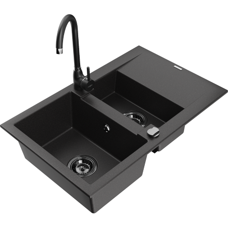 Mexen Gaspar zlewozmywak granitowy 1,5-komorowy z ociekaczem i baterią kuchenną Telma, czarny - 6507-77-670200-70-B