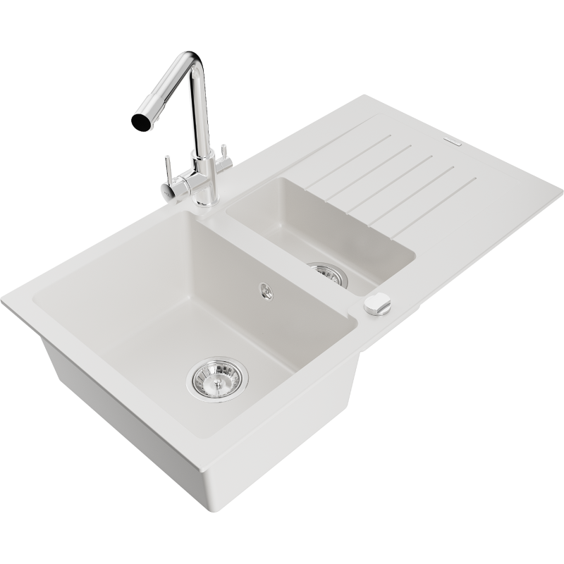 Mexen Matias granite sink 1.5-bowl with drainer and Duero kitchen tap, white - 6502-20-671600-00