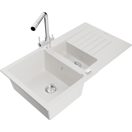 Mexen Matias fregadero de granito de 1.5 senos con escurridor y grifo de cocina Duero, blanco - 6502-20-671600-00