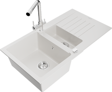 Mexen Matias fregadero de granito de 1.5 senos con escurridor y grifo de cocina Duero, blanco - 6502-20-671600-00